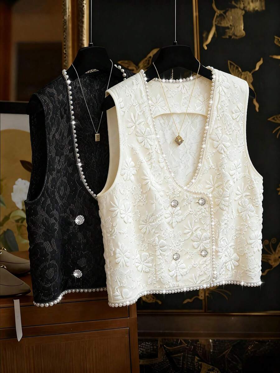 GlowEve CURVE 大码女式3D立体面料优雅珍珠钻石纽扣装饰开襟双排扣无袖背心，适合派对、下午茶、通勤、休闲等多种场合，杏色 - 杏色 - 查看 1