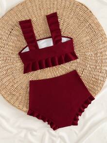 Swim Vcay 荷叶边纯色比基尼套装，适合海滩穿着 - 中紫紅色 - 查看 6