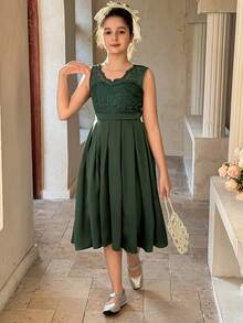 DAZY Tween Girls Lace Patchwork Long Sleeve Dress - Dark Green - View 4