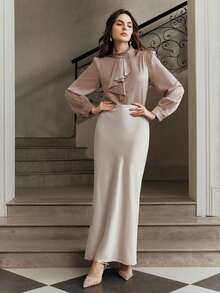 Anewsta Áo sơ mi dài tay màu trơn, chất liệu satin bóng, cổ đứng, bèo nhún, viền bèo bất đối xứng, khóa kéo toàn thân. - Rượu sâm banh - Xem 5