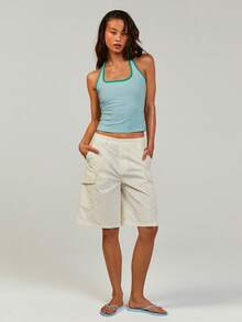 Athîral Women's Casual Sexy Vacation Style Contrast Binding Backless Tie-Front Camisole - Blue - View 3