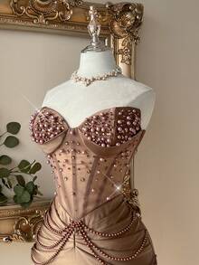 Lovelzi 优雅棕色无肩带串珠链条装饰针织派对礼服 - 棕色 - 查看 2