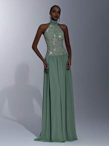 Elitara 优雅浪漫时尚的绿色亮片刺绣雪纺拼接露背蝴蝶结A字连衣裙，优雅派对礼服，婚礼宾客礼服，绿色长款连衣裙，时尚优雅的伴娘礼服 - 綠色 - 查看 7