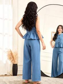 SHEIN 2Pcs Teen Girls Fashion Casual Y2k Vintage Cool Street Two Pieces Set Of Comfortable Blue Denim Sleeveless Vest With Ruffled Edges And Comfortable Loose Elastic Waistband Jeans For Kids Clothes Teen Girls Dailywear And Kids Spring And Summer Rave Outfits Festival And Outfits Streetwear Clothes - Blue - View 2