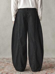 SWAVVY Men's Casual Everyday Commute Fashion Striped Print Loose Straight Leg Jeans Men Wide Leg Pants Pinstripe Pants Pleated Pants - Black - View 3