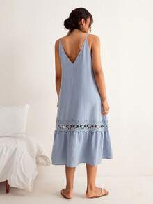 Freevana 大码纯色蕾丝拼接休闲吊带裙 - 杏色 - 查看 5