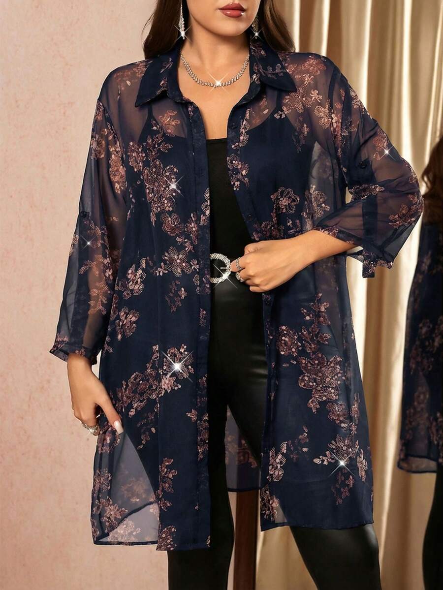 SHEIN Clasi Plus Size Floral Sequin Patchwork Front Button Sheer Blouse - Navy Blue - View 1