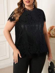 SHEIN Clasi Plus Size Elegant Lace Patchwork Chiffon Blouse, Summer Evening Formal Black Tops - Black - View 3