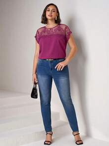 Chikora Plus Size Lace Patchwork Round Neck Solid Color Fashion Short Sleeve Shirt, Going Out Tops - Purple - View 6