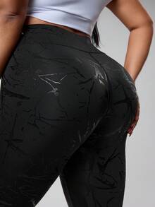 Rhythm Era 大码裂纹印花紧身裤，紧身提臀，运动风 - 黑色 - 查看 3