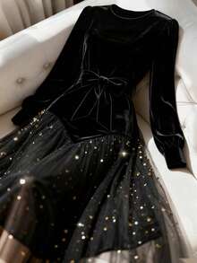GlowEve CURVE Women's Velvet Patchwork Mesh Sequin Waist A-Line Elegant Everyday Commute Fashion French Street Retro Versatile Christmas Party New Year Holiday Business Black Long Sleeve Dress, Autumn/Winter Black Dinner Dress Black Sparkle Dress Black Star Dress Black Glitter Dress