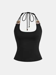 ROMWE Grunge Punk Spring/SummerblackVacation Retro Beaded Design Basic Minimalist Halter Neck Bodysuit - Black - View 1