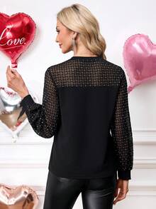 SHEIN Clasi Women's Elegant Commuter Patchwork Rhinestone Mesh T-Shirt Black Mesh Top - Black - View 2