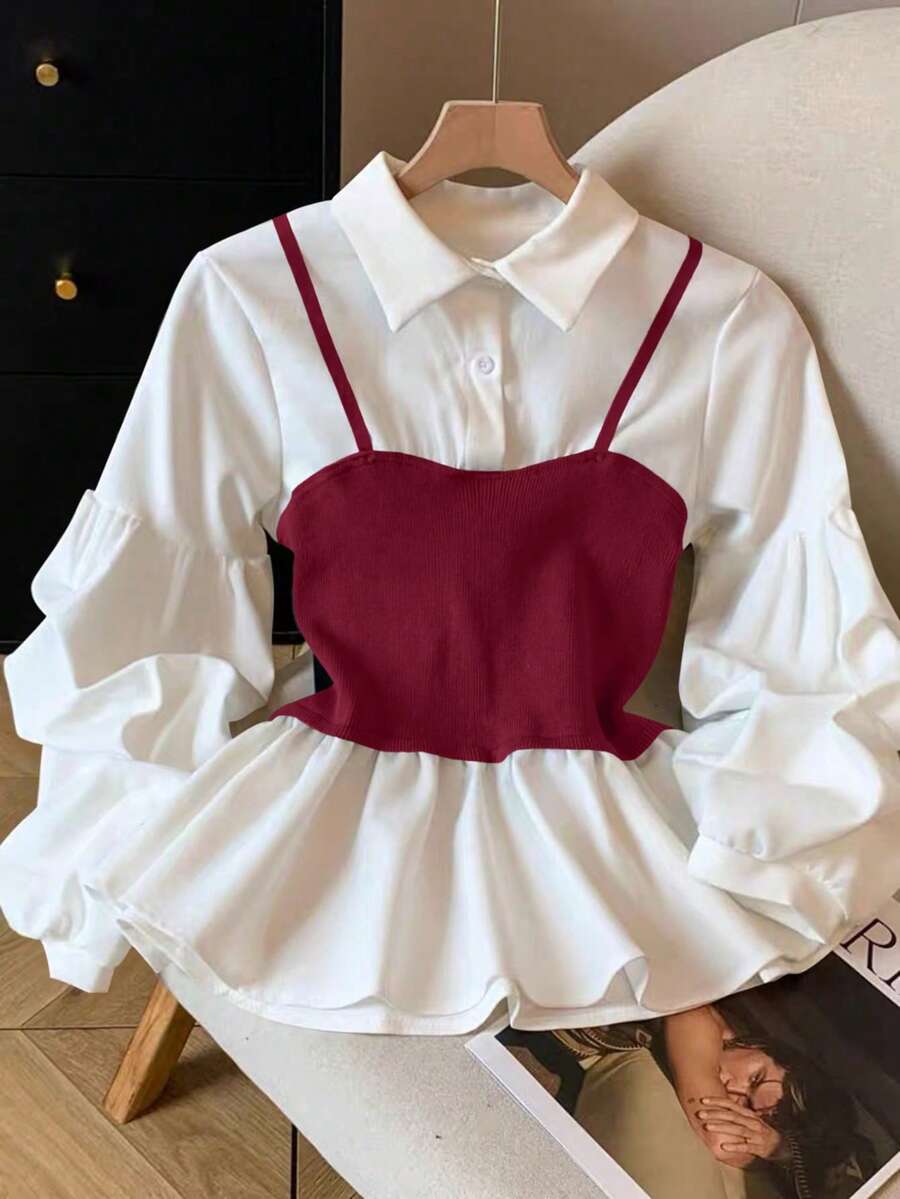 GlowEve Contrast Color 2 In 1 Casual Button Collar Long Sleeve Top - Burgundy - View 1