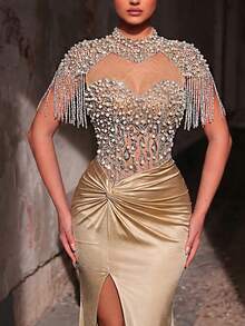 Glamrae 优雅奢华的串珠亮片花卉泡泡袖扭结开衩鱼尾连衣裙，适合婚礼、派对、度假、盛会、正式场合（装饰繁复）