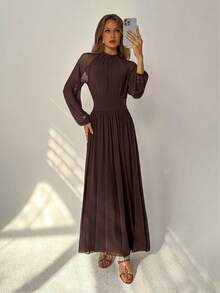 Aloruh 咖啡色立领长袖喇叭下摆连衣裙，秋冬款 - 咖啡棕 - 查看 8