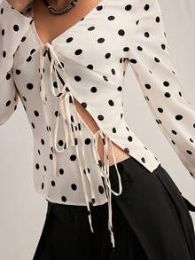 Easelle 女士波点印花V领系带休闲长袖开衫 - 杏色 - 查看 9