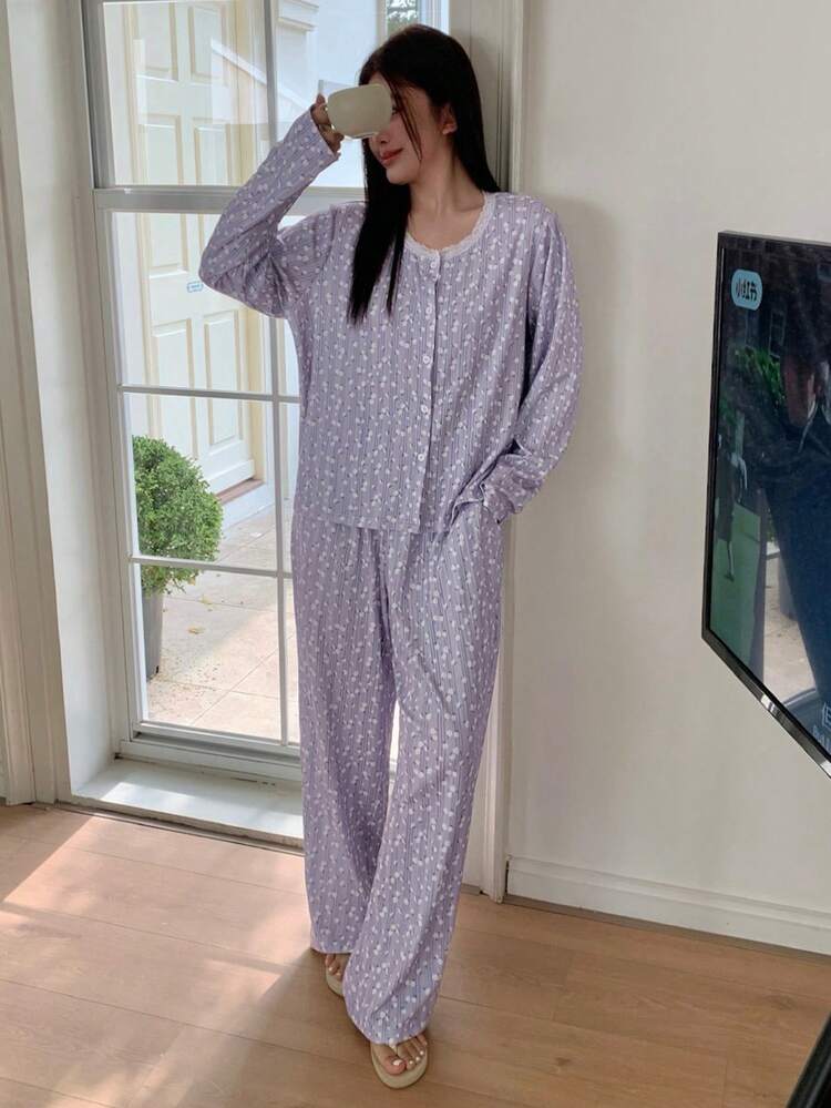 Dazy Plus Elegant Ditsy Floral Loose Fit Long Sleeve Top And Pants Pajama Set, Plus Size, Spring/Summer