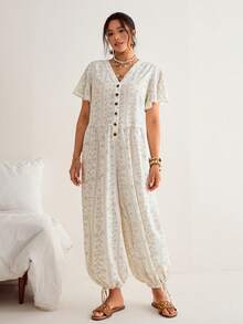 Freevana Plus Size V-Neck All-Over Print Button Front Short Sleeve Jumpsuit,White Summer Boho Flowy Vacation Holiday Elegant Casual Beach Outfits For Women - Beige - View 6