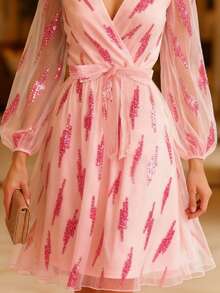 EMERY ROSE 女士黑色金箔交叉前襟迷你连衣裙，长袖 - 粉色 - 查看 4