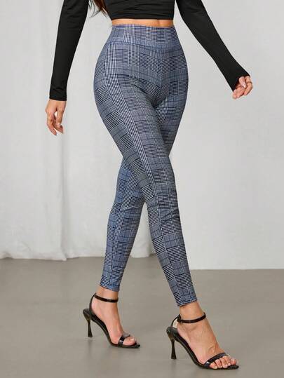 SHEIN PETITE Dambyxor med rutmönster, avslappnade, lämpliga för pendling och vardagsbruk, höst