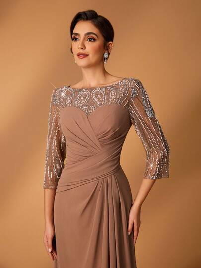 Serin Elegant Luxurious Pearl Beaded, Sequin, Embroidered Mesh & Chiffon A-Line Ruffle Dress, Suitable For Wedding, Party, Holiday, Bridal, Mother Of The Bride, Evening Gown Brown Formal Dress Long Sleeve Formal Dress Elegant Brown Dress Mother Of The Bridal Dress Evening Mother Of Groom Dress