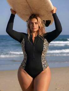 Swim SPRTY 大码纯色拼接豹纹动物印花拉链长袖简约性感时尚休闲夏季沙滩度假连体泳衣 - 彩色 - 查看 6