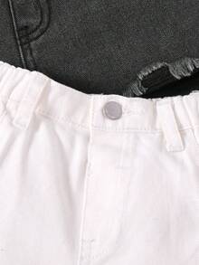SHEIN 2pcs/Set Girls Denim Ripped Shorts, Black & White - Multicolor - View 3