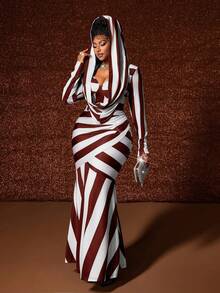 Maweii Plus Size Long Sleeve Hooded Sexy Quality Fashion Mermaid Hem Versatile Dress, Christmas Red Party - Burgundy - View 3