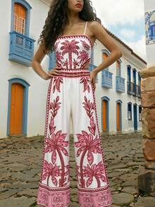 CAJUNI Women's Jumpsuit White And Pink Summer Boho Vacation Holiday,Spaghetti Strap Square Neck,Back Bow Tie,High Waist,Wide Leg,Palm Tree Border Print - Pink - View 6