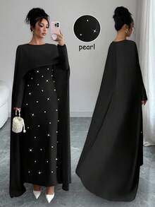 Elenzga Đầm dự tiệc Maxi dài tay dài cổ tròn đính ngọc trai trang trí hình ô dù thu/đông ôm sát eo, thanh lịch và đa năng cho nữ - màu đen - Xem 5