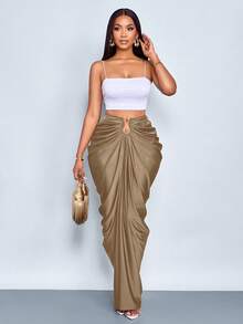 SOLERSUN 女士时尚纯色褶皱半身裙 - 摩卡棕 - 查看 4