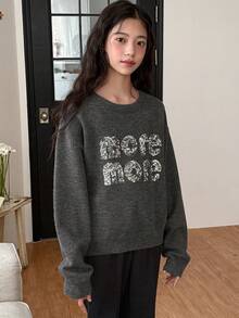 DAZY 少女印花圆领毛衣 - 深灰色 - 查看 3