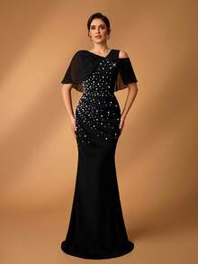 Serin Elegant Luxurious Chiffon Sleeve Splice Elastic Knit Ruched Fishtail Skirt, Suitable For Wedding, Party, Holiday, Prom, Mother Of The Bride, Evening Gown - Black - View 6