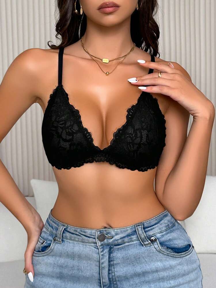 1 pieza Sujetador de mujer con triángulo de encaje negro sexy - Negro - Añade 1