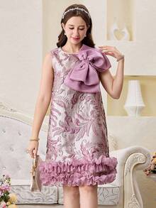 SHEIN 少女粉色提花拼接欧根纱蝴蝶结优雅无袖连衣裙 - 粉色 - 查看 4