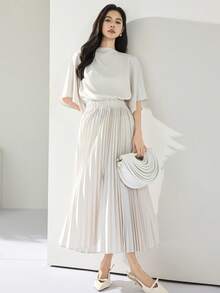 Heiryn 女士优雅通勤纯色荷叶袖松紧腰褶裥连衣裙 - 白色 - 查看 4