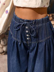 Breezaya Women's Casual Drawstring Waist New Loose Fit Flare Leg Jeans Spring Summer  Vacation - Dark Wash - View 6