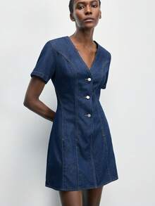 Maija Women's V-Neck Short Sleeve Single-Breasted Casual Denim Dress - Dark Wash - View 5
