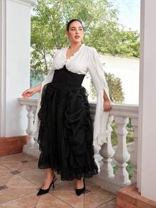 SHEIN MOD 大码复古黑色蕾丝网纱哥特风长裙，适合派对、舞会、情人节约会 - 黑色 - 查看 9