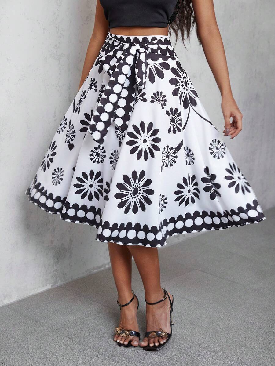 Eryvara Chân váy in hoa phong cách Bohemian dành cho nữ, thích hợp cho mùa hè. - Đen và trắng - Xem 1