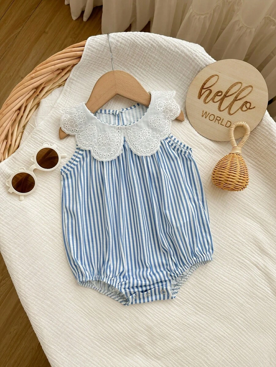 Newborn Baby Girl Cute Summer Casual Vacation Striped Ruffle Sleeveless Bodysuit - Blue - View 1