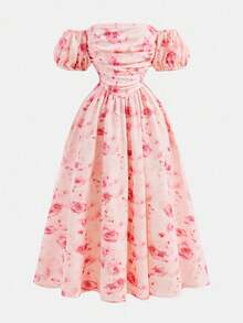 Girlism 少女休闲夏季单肩泡泡袖钩编花卉褶皱大A字下摆露肩长连衣裙，女童连衣裙，优雅，度假风，少女连衣裙，可爱 - 藕粉色 - 查看 5