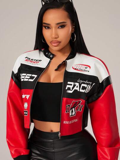 Radiana Women's Casual Street Fashion Letter Print Color Block Short PU Leather Jacket, Motorcycle/Racing/Pilot Jacket, Multifunctional Coat, Racing Jacket, Women's Racing Jacket, Women's Red & Black Racing Jacket, Women's Motorcycle Jacket, Women's Racing Jacket, Leather Racing Jacket, Spring Autumn PU Jacket, Suitable For All Seasons Race Car Outfit Women Crop Top Jacket