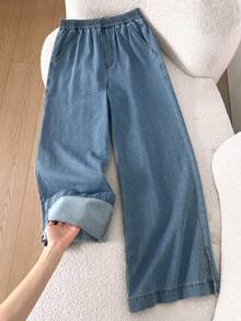 Teen Boy Fashion Casual Y2k Vintage Cool Street Returns To School College Simple Side Slits And Elastic Waist Design Blue Denim Loose Wide-Leg Jeans For Teen Boy Clothes Teen Boy Dailywear And Teen Boy Winter And Fall Rave Outfits Festival And Outfits Streetwear Clothes - Blue - View 1