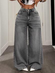 BamGleam 休闲中腰宽松直筒阔腿牛仔裤 - 灰色 - 查看 4