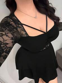 Vibekara 加大码女式性感黑色派对蕾丝拼接 A 字长袖褶皱胸围优雅复古浪漫修身可爱简约连衣裙，适合日常穿着、返校、生日、派对、婚礼嘉宾、鸡尾酒会秋季女士