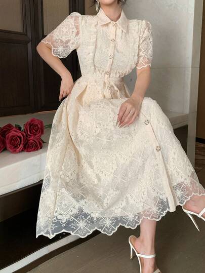 DAZY Vestido de encaje francés elegante, que cintura la cintura, favorecedor, vestido de invitada de boda de alta gama