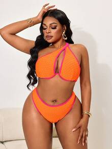 Slaydiva Bộ bikini lệch vai màu cam cỡ lớn | Đồ bơi cạp cao CURVE-D dành cho nữ với viền tương phản - trái cam - Xem 3