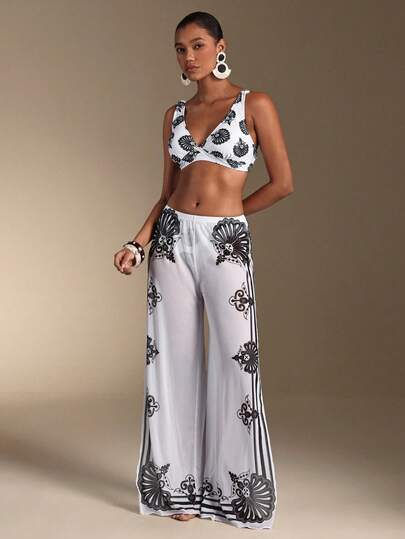 Swim Oasis 2026 Spring/Summer Vacation 3pcs/Set Elegant BOHO Bikini Swimsuit With Pants, Suitable For Summer Beach Vacation New Women's Swimwear ArrivalFor School,Suitable For Holiday, Date, Afternoon Tea, Western, Cruise, Beach, Island, Road Trip, All Seasons, Music Festival, Boho Vacation,Bohemian Vacation, Chill Autumn ,Western Boho ,Elegant Tops For Women Festival 3 Pcs/Set Outfit Festival Two Pieces Outfit Two Pieces Pant Set Women's 2 Pieces Outfit